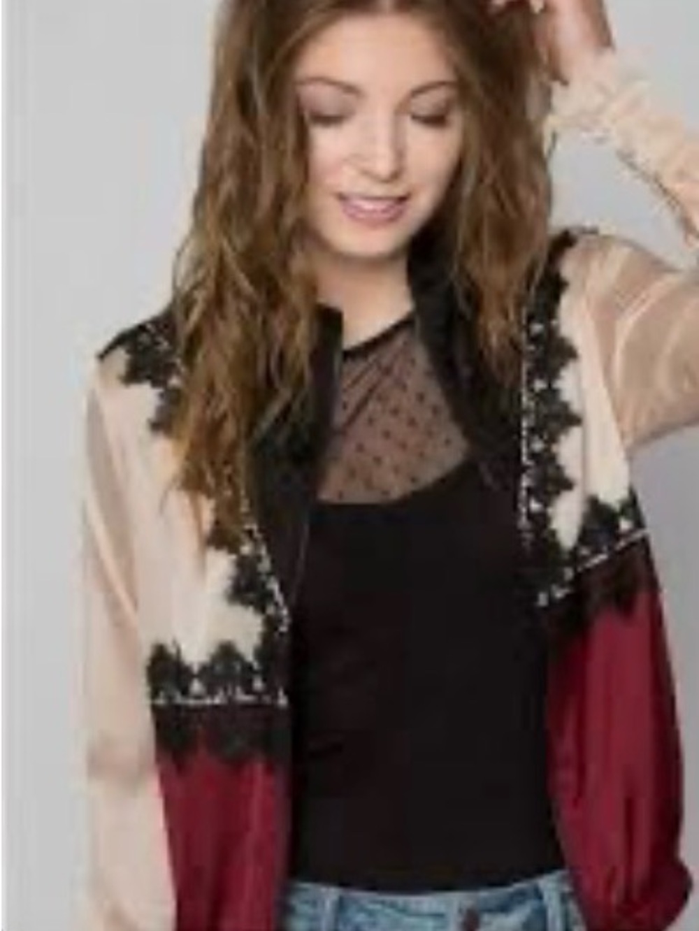gimmicks by BKE Satin Bomber Jacket - Blush, Black & Burgundy